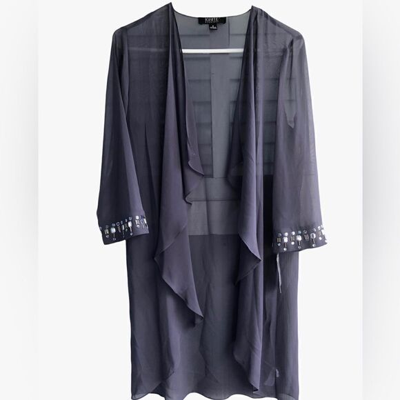 NWT Ignite Evening 2 Piece Purple/Eggplant Chiffon Rhinestones Dress & Cardigan - Picture 5 of 10